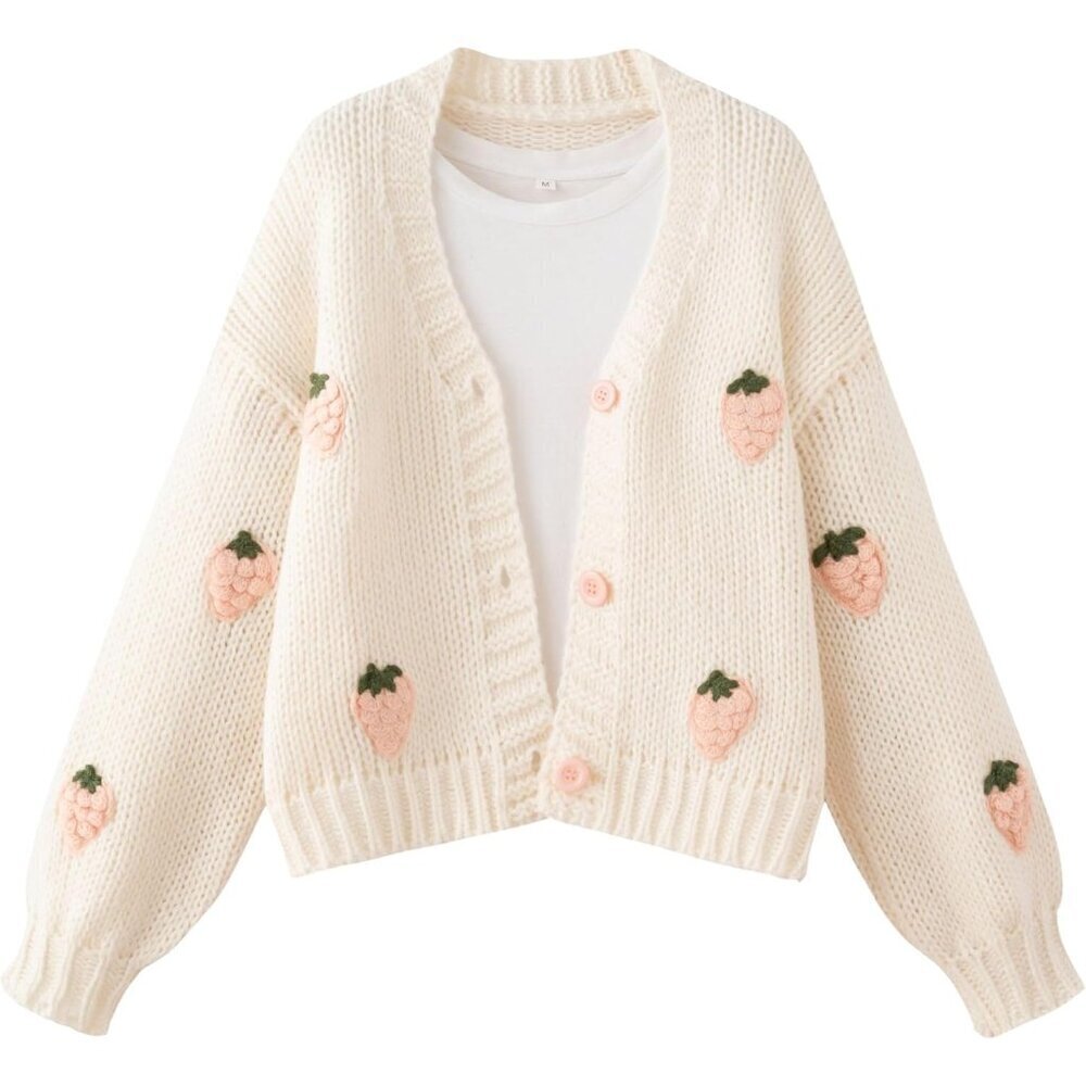 Women’s Kawaii Strawberry Embroidered Cardigan Long Sleeve V Neck Knitted Top
